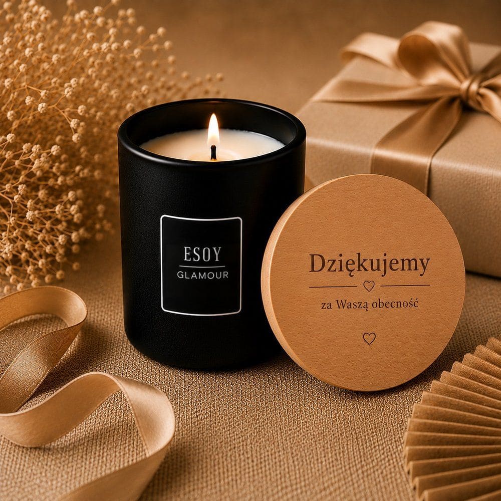 Personalizowana świeca sojowa ESOY z grawerem „Dziękujemy za Waszą obecność". Elegancki upominek dla gości weselnych, komunijnych i rodzinnych uroczystości.